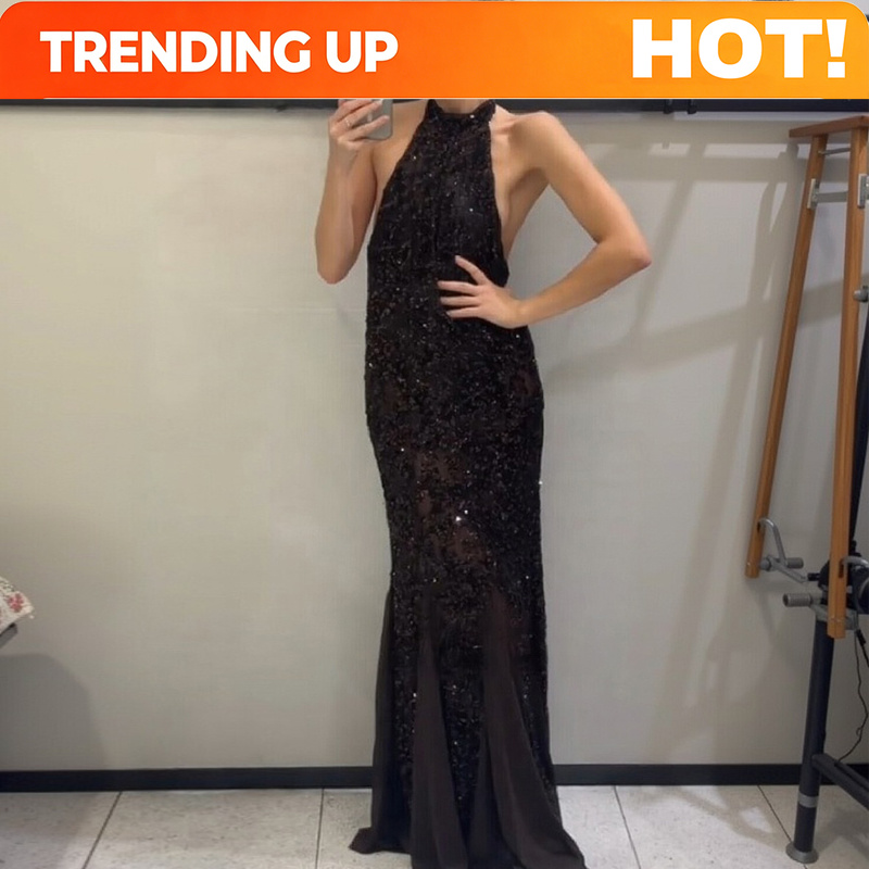 Women Fashion Gown - Zarif Pullu Parlak Halter Uzun Elbise