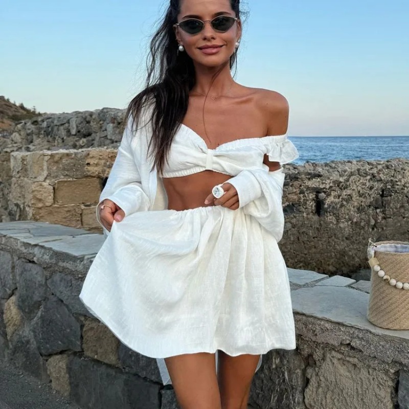 V Neck Cami Top - Tank Top Kabarık Mini Etek Iki