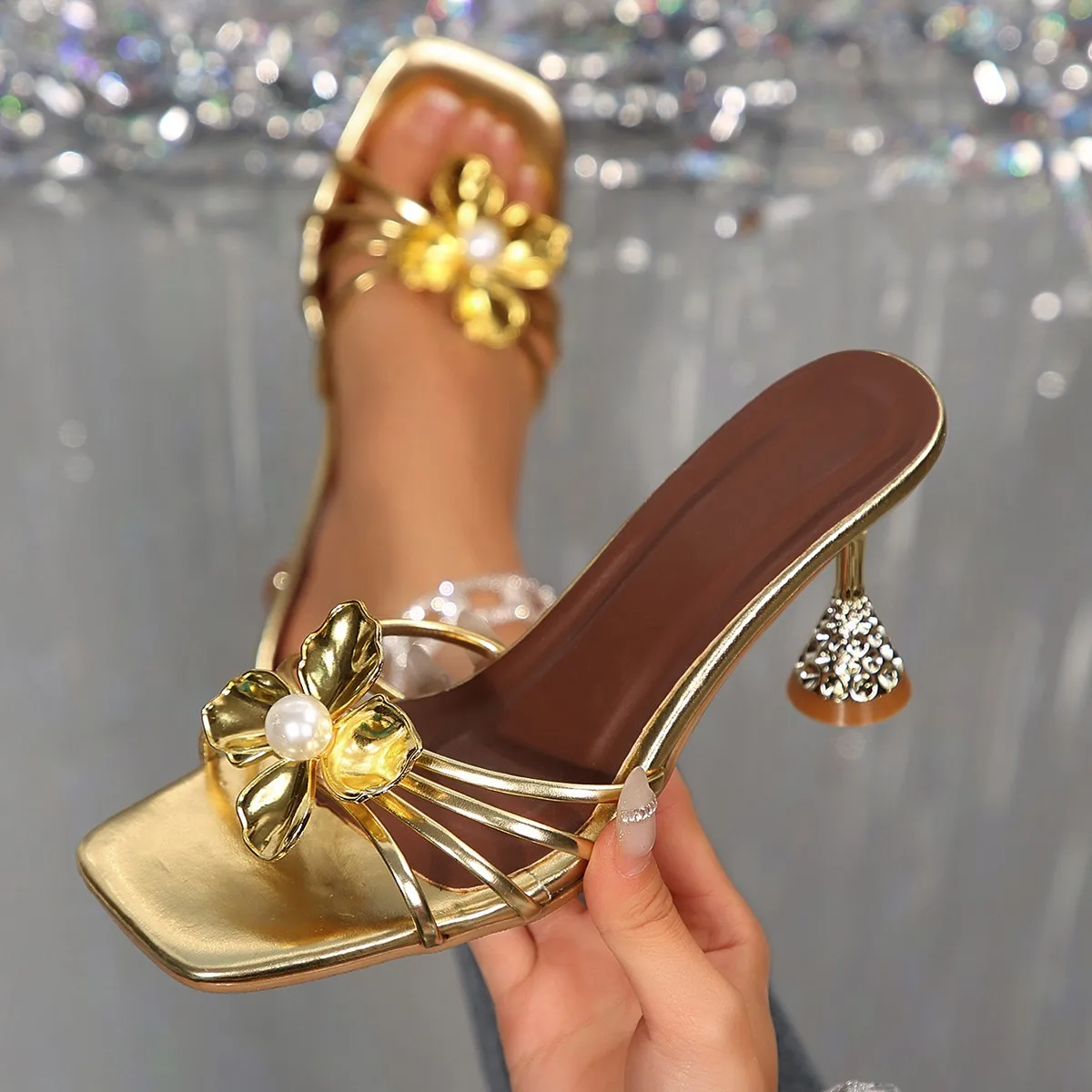 Women'S Fashion Q - Vintage Metal Çiçek Kristal Koni Topuklu