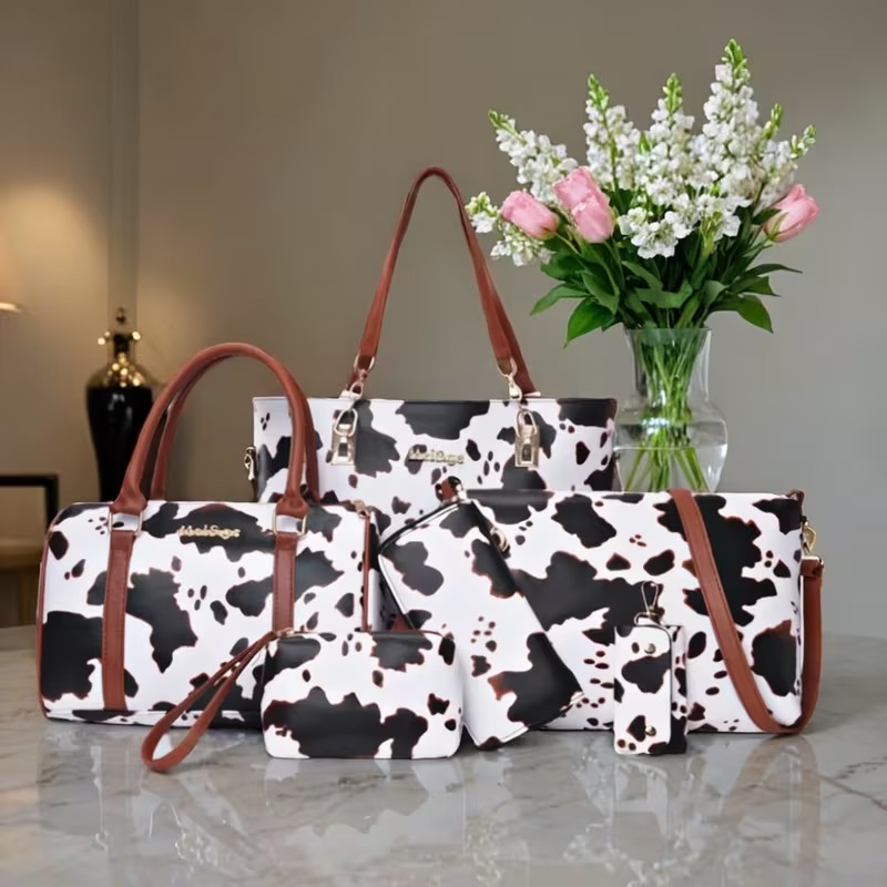 Crossbody Bag Women - 6 Parçalı PU Moda İnek Desenli