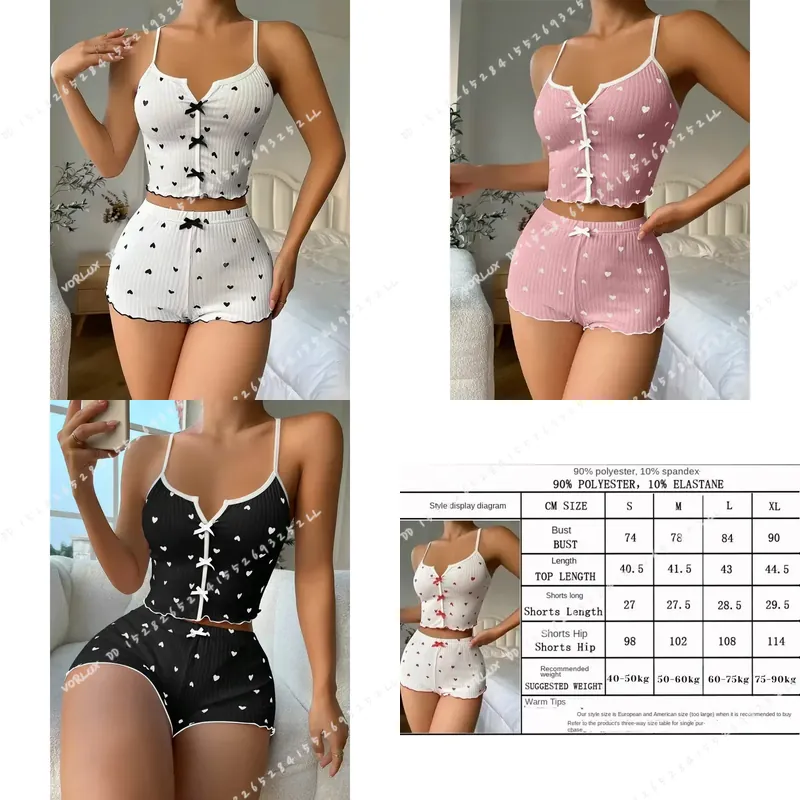 V Neck Cami Top - Kadın Kalp Baskılı Pijama Takımı İpek