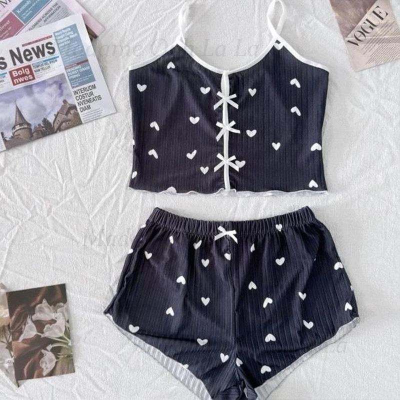 V Neck Cami Top - Kadınlar için seksi kalp baskı pijama