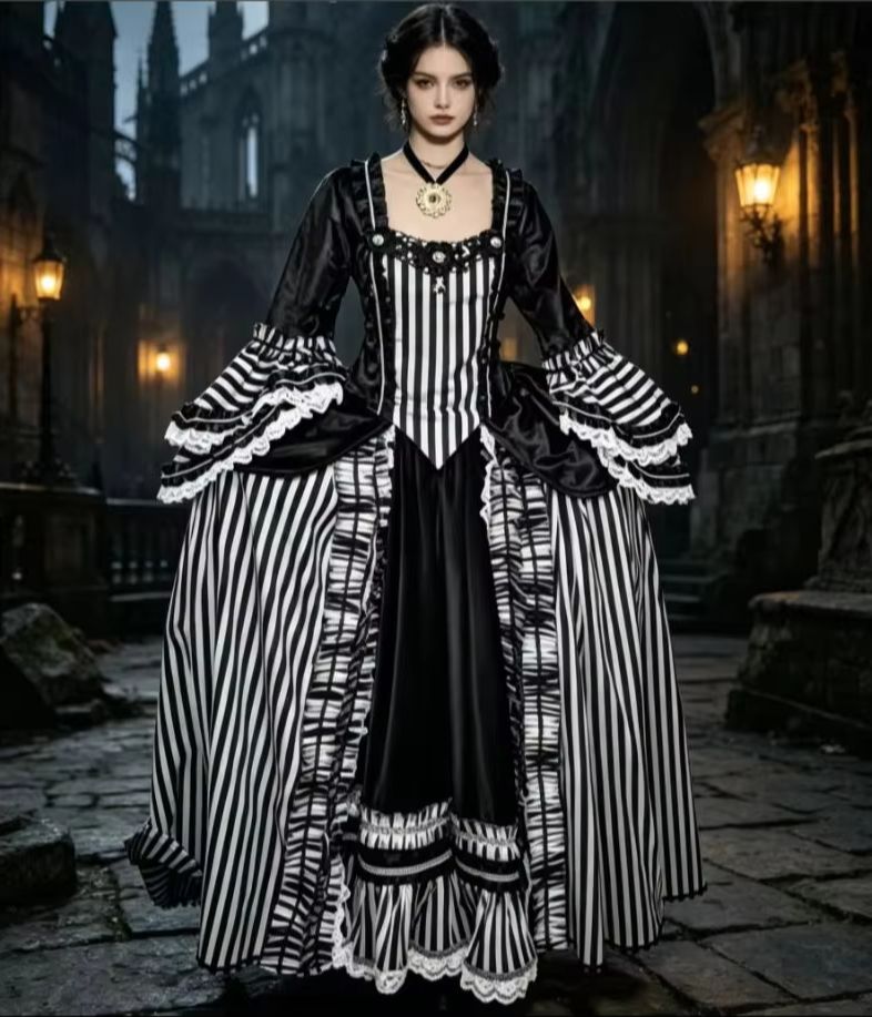 Women Fashion Gown - 1700'ler Rococo Siyah Beyaz Çizgili Elbise
