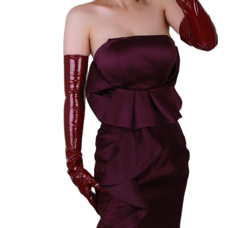 Women Fashion Over 60 - 60cm Ekstra Uzun Patentli Deri Eldivenler