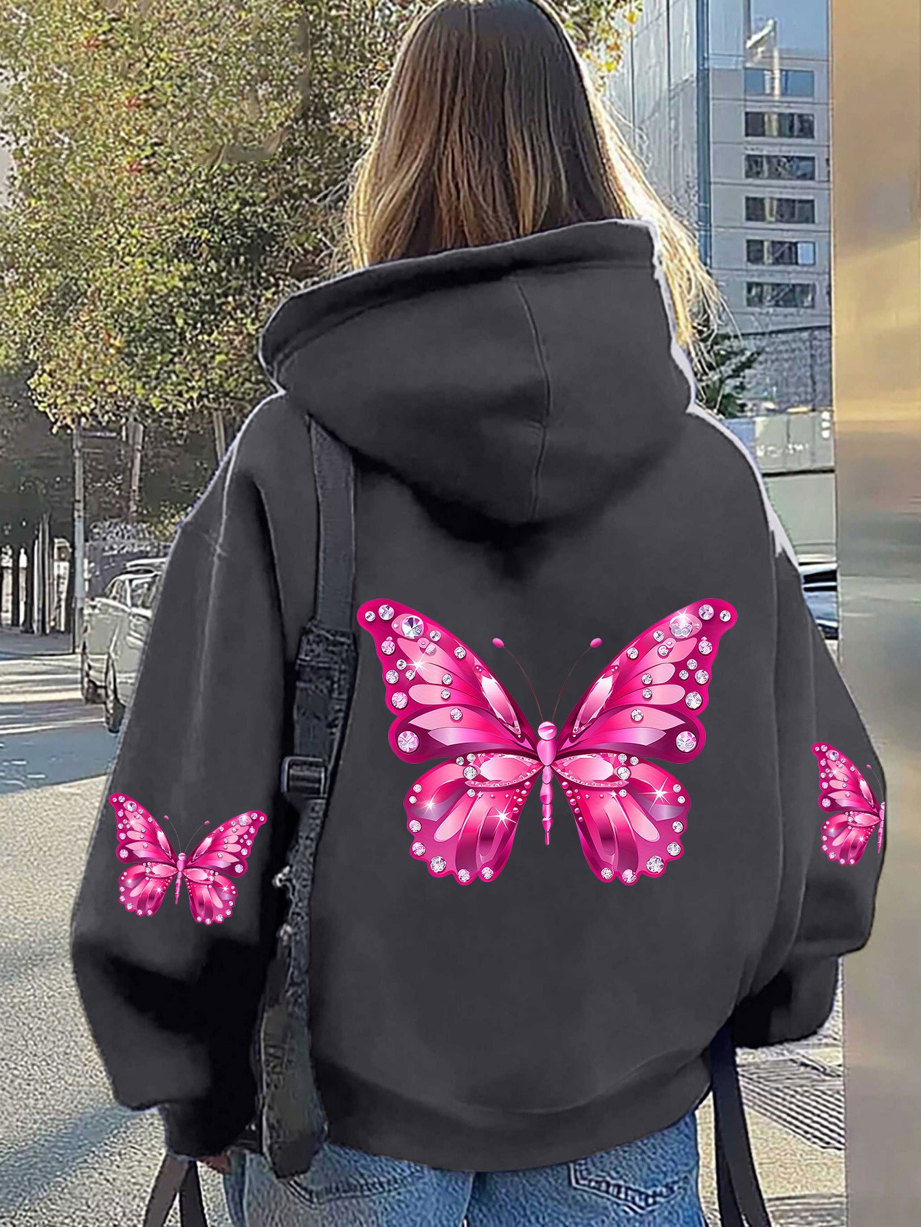 Hoodie Women Oversized - Kadın Kelebek Baskılı Kapüşonlu Üst Unisex