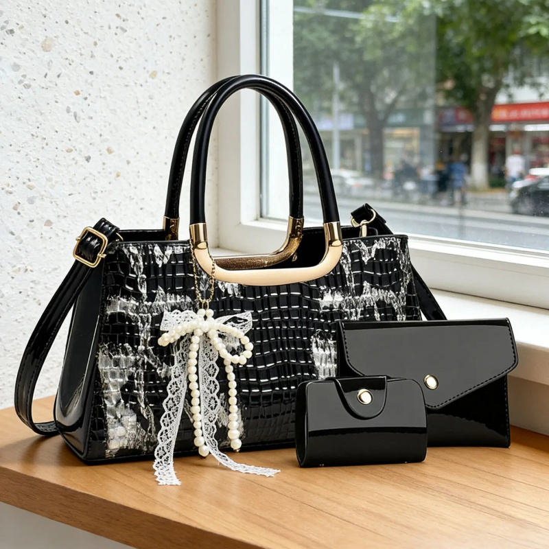 Crossbody Bag Women - Kadın Çanta Seti, Timsah Desenli Gece