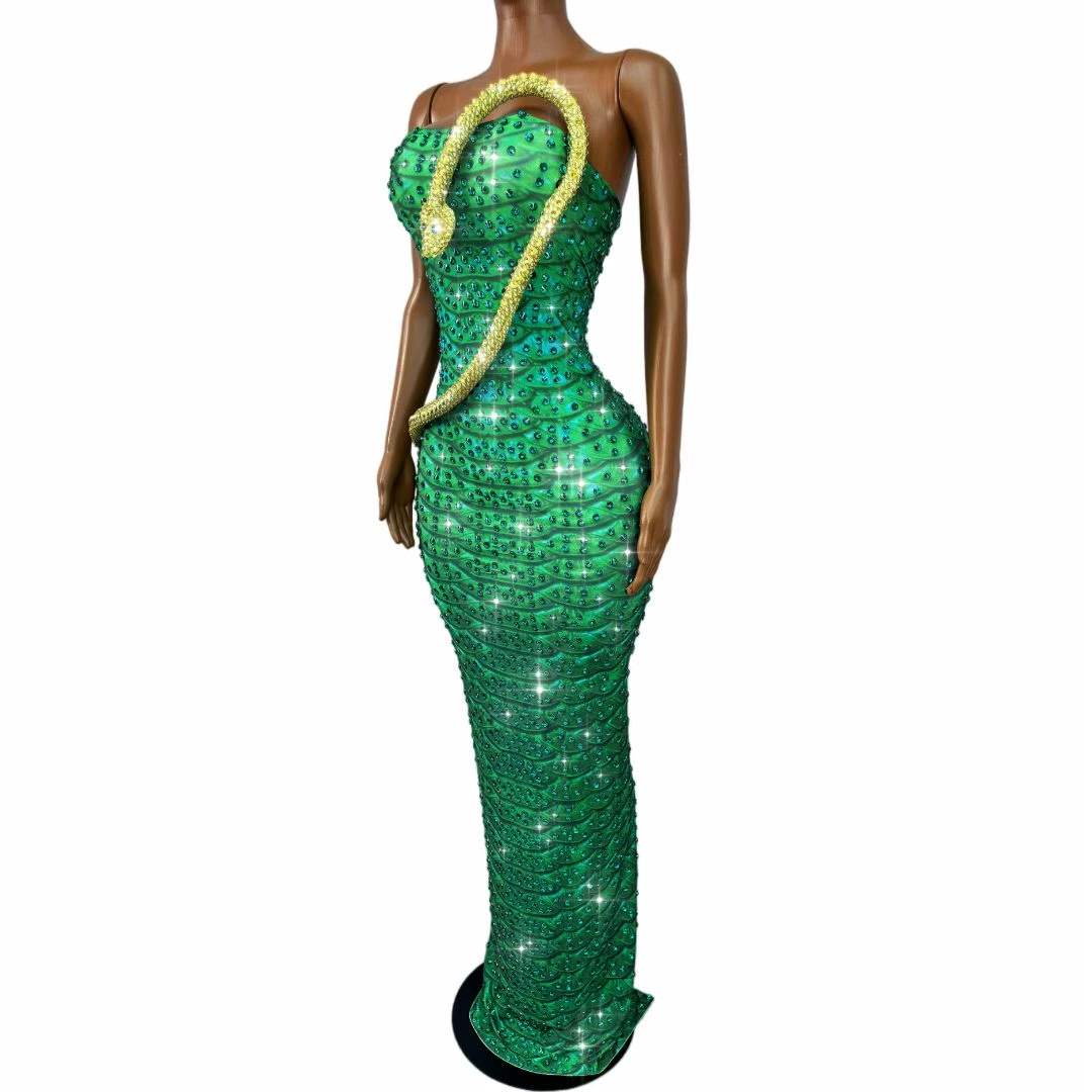 Işıltılı Yeşil Taşlı Yılan Des - Women Fashion Designer Dresses Photos incelemesi ve fiyatı