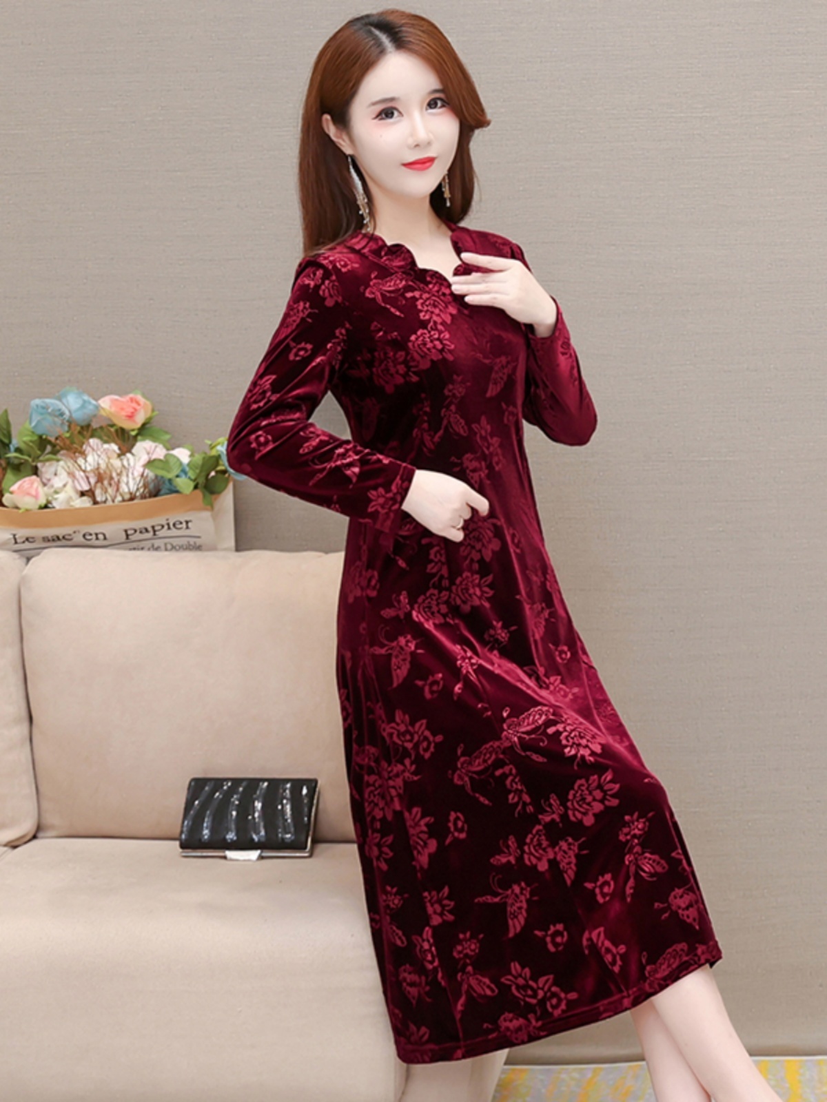 Zarif Kadife Elbise V Yaka Mid - Women Fashion Over 60 incelemesi ve fiyatı